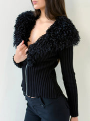 Casual Faux Fur Ribbed Knit Sweater