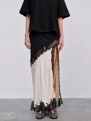 Fashion Satin Lace Patchwork Slit Long Skirt