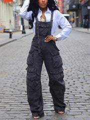 Fashion Cargo Denim Suspender Pants Jumpsuit