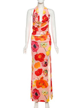 Print Halter Crop Tops High Split Long Skirts Sets