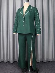 Elegant Shimmering Pearls Blazer Slit Pants Suit