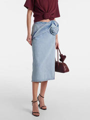 Fashion Floral Embellishment Detail Denim Midi Skirt