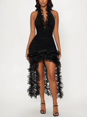 Sexy Halter Ruffles Ruched Mesh Mini Dress