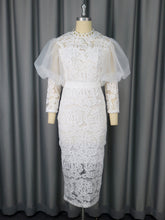 Fashion Mesh Patchwork Lace Puff Sleeves Party Dress
