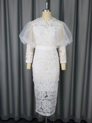 Fashion Mesh Patchwork Lace Puff Sleeves Party Dress