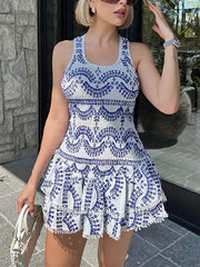 Fashion Sleeveless Embroider Ruffle Mini Dress