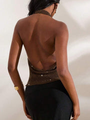 Fashion Draped Front Backless Glitter Halter Top