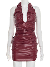 Sexy Deep V Halter Ruched Faux Leather Mini Dress