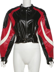 Color Block Faux Leather Zipper Cropped Jacket