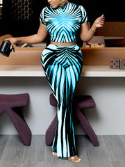 Round-neck Print Sheer Mesh Crop Top Slim Pant Sets