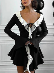 Elegant Ruffle V-Neck Lace-up Mini Dress