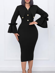 V Neck Long Sleeve Cocktail Party Midi Dress