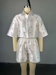 Casual Beading Turndown Collar Shorts Set