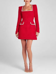 Fashion Square Neck Tweed Slim Mini Dress