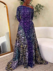 Elegant Print Stretch Slash Shoulder Maxi Dress