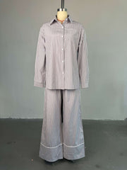 Casual Lapel Loose Stripe Shirt Wide Leg Pants Set