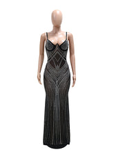 Sexy Rhinestone Sheer Mesh Evening Maxi Dress