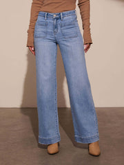 High Waist Patch Pocket Straight Casual Jeans