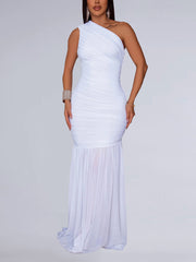 Elegant Mesh See-Through Oblique Collar Maxi Dress