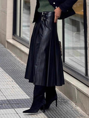 Faux Leather Retro Buckle Detail Pleated Long Skirt