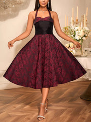 Elegant Jacquard Halter Cinched Waist Party Dress Gown