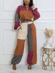 Color Block Patchwork Crop Top And Pants Sports Set