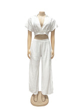 Casual V Neck Crop Top And Wide Leg Pants Set