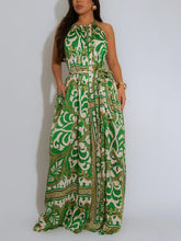 Sexy Satin Print Backless Halter Jumpsuit