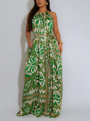 Sexy Satin Print Backless Halter Jumpsuit