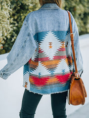 Fashion Denim Patchwork Contrast Aztec Jacket