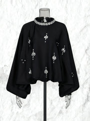 Elegant Round Neck Rhinestone Puff Sleeve Shirt