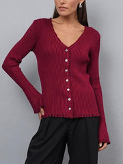 V Neck Button Up Ribbed Knit Cardigan