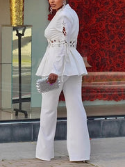 Elegant Hole Patchwork Slim Blazer and Pants Suit