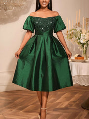 Elegant Shiny Off Shoulder Cinched Waist Party Dress