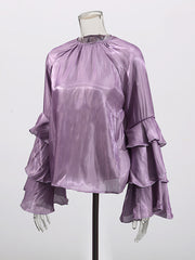 Elegant Round Collar Tiered Sleeve Chiffon Top