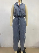 Sleeveless Drawstring Waist Washed Denim Jumpsuit