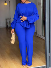 O Neck Ruffle Long Sleeve Drawstring Top Pants Set