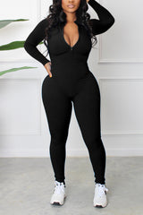 Casual Zipper Ribbed Skinny Sports Jumpsuit