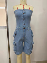 Sexy Strapless Denim Cargo Romper
