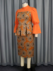 Fashion Floral Print Flare Sleeve Peplum Dress