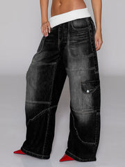 Casual Elastic Waist Patchwork Baggy Jeans