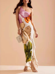 Floral Print One-Shoulder Side Ruffles Maxi Dress