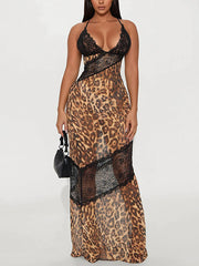 Sexy Leopard Lace Patchwork Chiffon Maxi Dress