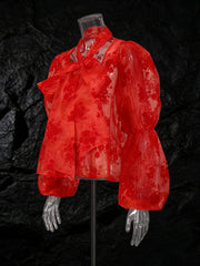 Print Mesh Sheer Spliced Bowknot Fashion Shirt