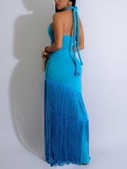 Sexy Fringe Halter Backless Lace-Up Maxi Dress