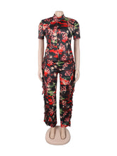 Print Fringe Trim Button Collar Casual Two Piece Set