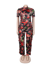 Print Fringe Trim Button Collar Casual Two Piece Set