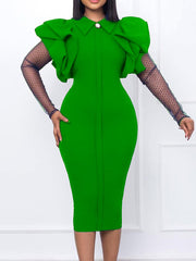 Elegant Mesh Patchwork Long Sleeve Bodycon Midi Dress