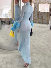 Ruffled Turtleneck Slim Maxi Dress