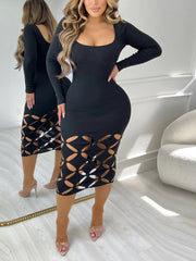 Sexy Hollow Out Sheer Stretch Bodycon Midi Party Dress